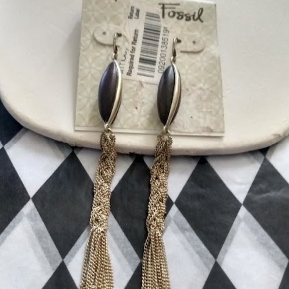 FOSSIL Boho Chic Natural Brown Wood Braided Gold Chain Dangle Earrings**NEW! - Picture 3 of 5